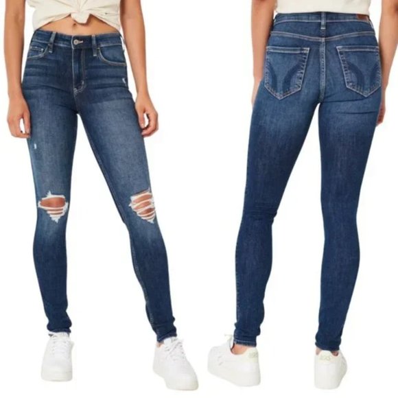 Hollister Jeans High Rise Super Skinny Medium Wash Distressed SZ 26/3L LIKE NEW - Picture 1 of 15